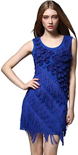 US2-20 1920 Vintage Flapper Gatsby Dress Beaded Flower Fringe Cocktail