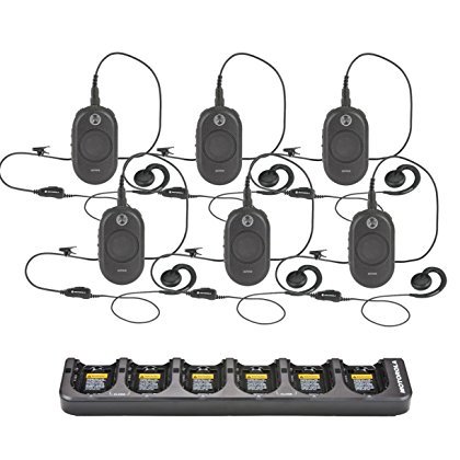 6 Pack of Motorola CLP1040 Radios with 6 Push To Talk (PTT) earpieces and a 6-Bank Radio Charger