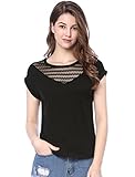 Allegra K Women's Round Neck Mesh Semi Sheer Stiching Top Short Sleeve T-Shirt