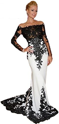 Kaitaijidian Women's Long Sleeve Mermaid Formal Evening Dress Prom Party Gown Black and White-10
