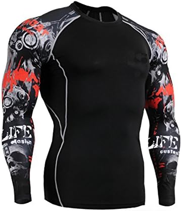 Men Long Sleeve Compression T-Shirts Base Layers Top Shirt pants 39L, Red-white