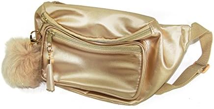 Faux Leather Belt Bag with Removable Faux Fur Pom Pom and Tassel Charm (Gold)