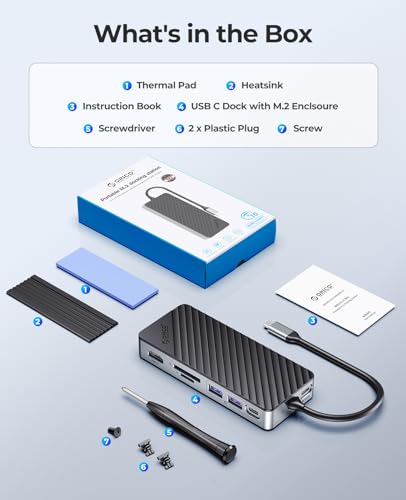 ORICO 8 in 1 USB C Docking Station with M.2 SSD Enclosure, USB C Hub for M.2 NVMe/SATA SSD, 10Gbps, HDMI 4K@60Hz, 100W PD, SD/TF Card Reader, Cable Length 15cm - OM28P
