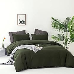 Luxlovery Army Green Pom Pom Comforter Set Queen