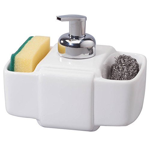 Home Essentials White Ceramic 3 Section Liquid Soap Dispenser with Sponge Holders, 7.5" L