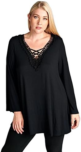 Emerald Fashion Flower Lace Criss Cross Jersey Tunic Boho Chic Plus Size (3X, Black)