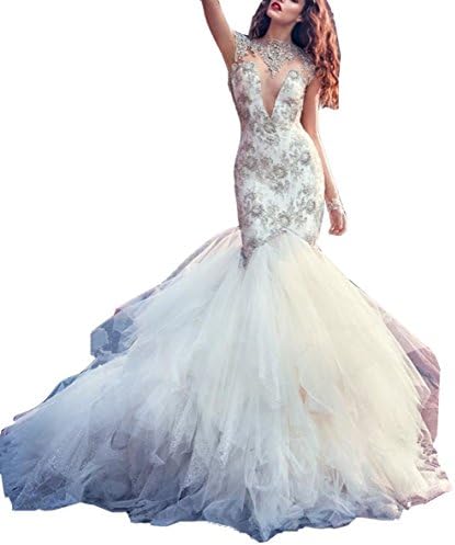 DreamMade Women's Luxury Deep V-Neck Beaded Mermaid Long Wedding Dresses