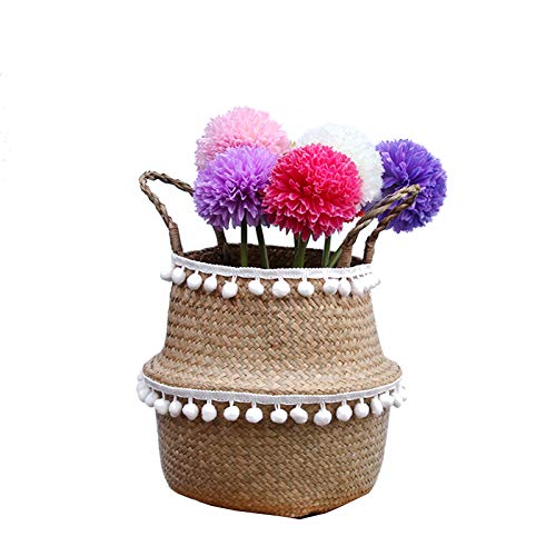 SZETOSY Natural Seagrass Storage Basket - GOODCHANCEUK Seagrass Belly Basket With PomPom Foldable Woven Basket With Handle for Laundry, Toys or Planters,Nursery Style#5 27x24CM
