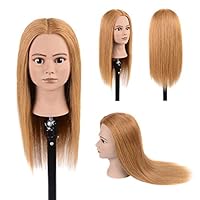 100% Real Human Hair Mannequin Head With Stand Cosmetology Training Mannequin Head Hairstyles Practice Dolls Light Blonde 20"-22"(From Forehead to The Back Hair End)