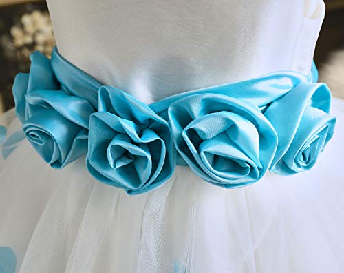Girls Tutu Bow Dress Petals Princess Flower Dress with 3D Roses for Birthday Wedding Party (5, Blue)