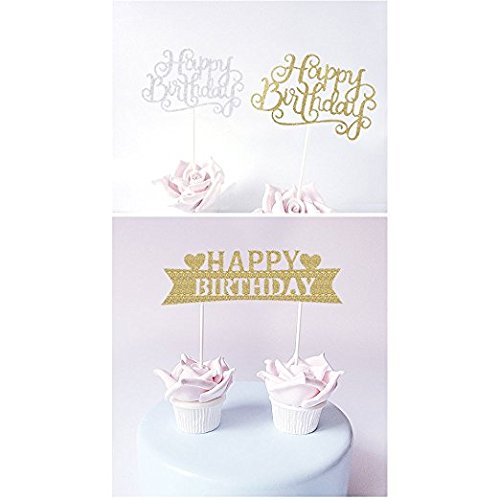 Pack of 10 Happy Birthday Cake Topper Glitter Letters Shining Flags Banner Decorations Tool Party Supplies Ideas, Gold