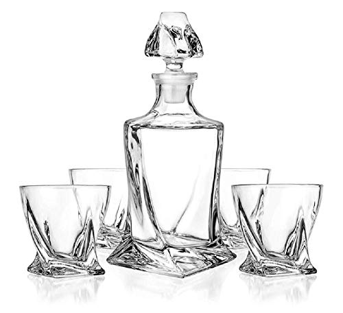 James Scott Lead-Free Crystal Whiskey Decanter Set - 28 oz. twisted decanter and 4 10 oz. glasses packaged in an exclusive Gift Box - for Liquor, Scotch, Bourbon, Wine, Vodka