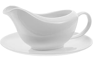 VANZACK White Porcelain Gravy Boat with Saucer Tray Ergonomic Handle Sauce Pitcher Condiment Server for
