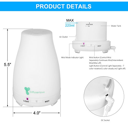 Diffuserlove MAX 220ML Essential Oil Diffuser Ultrasonic Remote Control Aromatherapy Diffuser Mist Humidifiers with 7 Color LED Lights and Waterless Auto Shut-off for Bedroom Office House Kitchen Yoga