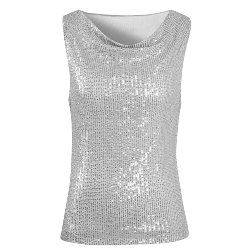MNLYBABY SEQUIN DRAPE NECK TANK TOPS FOR WOMEN SPARKLE SHIMMER SLEEVELESS TOP SPARKLY CLUB PARTY GLITTER BLOUSES SILVER
