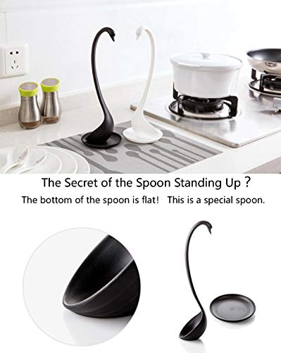 Kitchen Spoon Soup Ladle Elegant Swan Creative Cooking Tools Tableware Kitchen accessories with Tray (Black+White) 2 PACK