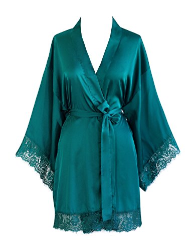 Old Shanghai Women's Kimono Robe Short - Lace Trim (Peacock)