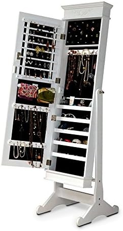White Stand Wall Mount Large Mirrored Jewelry Armoire with Lock Rings, Necklaces, Bracelets
