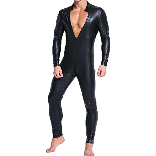 QiaTi Mens Full Body Leotard Long Sleeves Unitard Faux Leather Bodysuit (US XX-Large/With Tag XXXL)