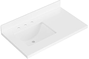 ARIEL 37 inch bathroom vanity top with sink, 1.5 Inch Thick Miter Edge White Quartz top, left offset vanity top with rectangle Porcelain Sink, Includes Backsplash