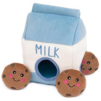 ZippyPaws - Food Buddies Burrow, Interactive Squeaky Hide and Seek Plush Dog Toy - Milk and Cookies