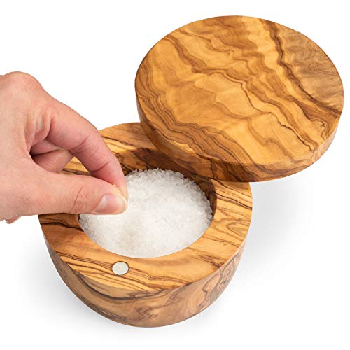 Gourmet Living Olive Wood Salt Box Round Wooden Salt Keeper with