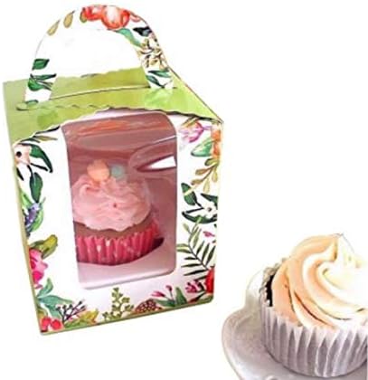 50 Pcs Clear Bakery Pastry Food Grade Flower Garden Design Cardboard Single Cupcake Boxes With Window And Handle Wholesale
