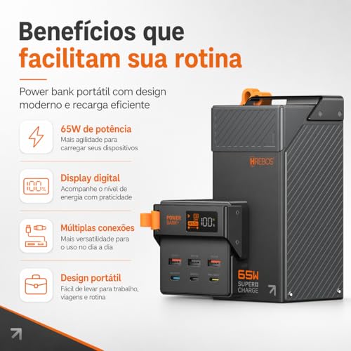 Carregador Power Bank Portátil Display Premium 50000mAh Original - Estação Carregadora de Alta Capacidade para Celulares,Carregamento Ultra Rápido 65W, USB-C e USB-A