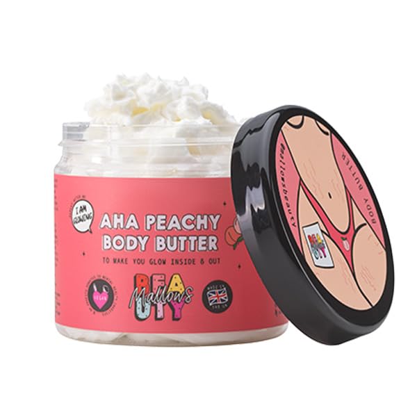 Mallows Beauty Shea Body Butter, with Essential Oils, Vitamin A, Vitamin E, and Shea Butter, Gently Exfoliates and Brightens Skin, Vegan, 180g (AHA Peachy)