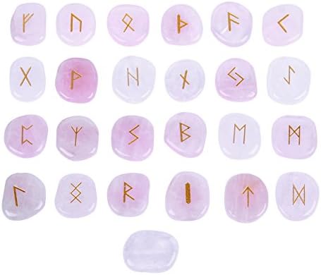 Banshren Rose Quartz Rune Stones Set Engraved Symbol with a Velvet Pouch