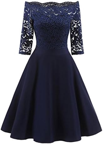Women New Vintage Lace Formal Patchwork Wedding Cocktail Party Retro Swing Dress (US6(TagL), Navy A)
