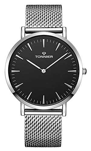 Tonnier White Stainless Steel Slim Mesh Strap Men Watch Quartz Watch Black Face