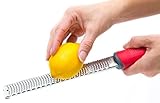 Premium Lemon Zester, Cheese and Spice Grater + Bonus Brush - Lime, Cheese, Ginger, Garlic, Nutmeg, Citrus, Spices - Sharp Stainless Steel with Red Handle - KitchenInstrument Brand