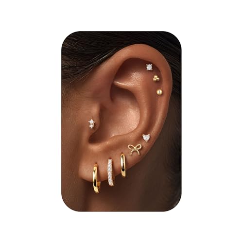 M MOOHAM 9 Pairs Flat Back Earring Stack Set for Women Teen Girls | Hypoallergenic Earrings, 14K Gold Plated Huggie Hoop Stud Earring, Small Cute Bow Cartilage Earrings, Trendy Jewelry Gifts