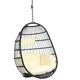 Sunnydaze Penelope Black Steel and Polyethylene Wicker Hanging Egg Chair with Cream Polyester Seat Cushions - Bohemian… 41oMBHErKIL. SS280