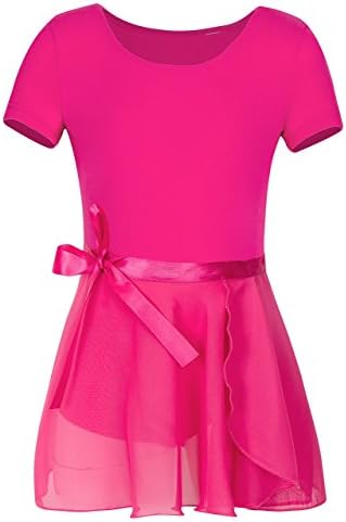 YEEIC Girls' Short Sleeve Wrap-Round Skirt Leotard Dress (8-10, Rose)