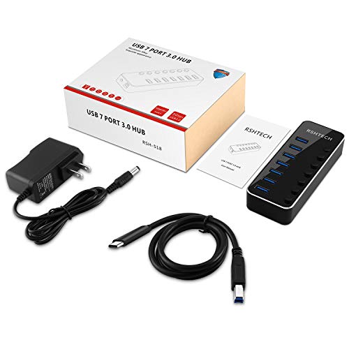 Powered USB HUB RSHTECH Type C to 7 Port USB 3.0 Hub Aluminum Portable Splitter with Individual On/Off Switches (7-Ports)