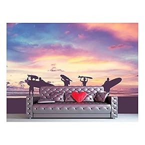 Silhouette of Surfer People Carrying Their Surfboard on Sunset Beach, Vintage Filter Effect with Soft Style - Removable Wall Mural | Self-Adhesive Large Wallpaper - 66x96 inches