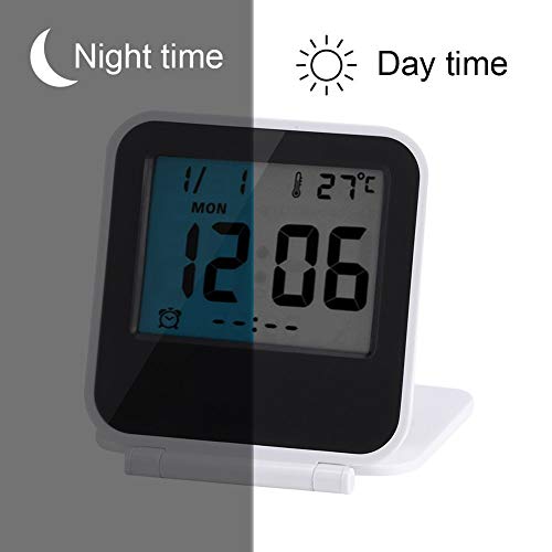 Huasen Mini Small Digital Travel Alarm Clocks Battery Operated with Light Folding,Calendar and Temperature,Snooze and Nightlight,Folds into One Compact Unit for Travel,Portable,Pocket Size (White)