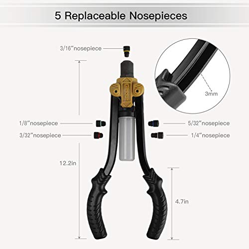 Ginour 13-inch Heavy Duty Rivet Gun with 5 Nosepieces and Collecting Bottle, Excellent Leverage Design Save Time and Effort