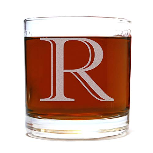 Etched Monogram 10.5oz Rocks Old Fashioned Lowball Glass for Whiskey Scotch Bourbon (Letter R) - Thumbnail 7