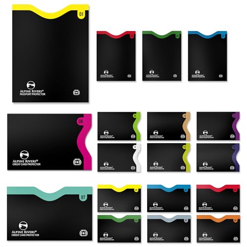 Alpine Rivers 18 RFID Blocking Sleeves (14 Credit Card Holders & 4 Passport Protectors) Ultimate Premium Identity Theft Protection Sleeve Set. Smart Slim Design Perfectly fits Wallet/Purse