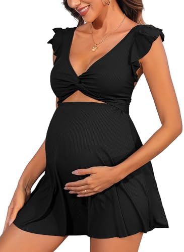 Summer Mae Ribbed Maternity One Piece Swimsuit Dress Wrap Bathing Suit with  Built-in Pocket Short Swimwear Tie Knot Skirt Black 4 at Amazon Women's  Clothing store