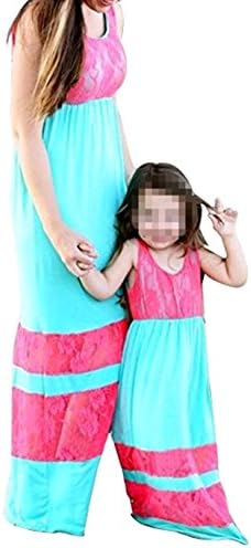 Long Parent-Child Sleeveless Stripe Stitching Beach Dress Family Matching Sundress (Light Blue and Rose, L-Girl)
