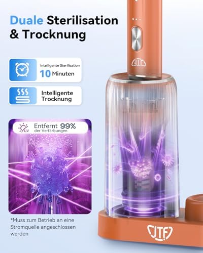 Elektrische Schallzahnbürste mit UV Reinigung und Trocknung Kabellose Ladestation, 5 Reinigungsmodi, 6 Ersatzbürstenköpfe, Spülbecher, Wiederaufladbar für Zuhause und Reisen (Orange)