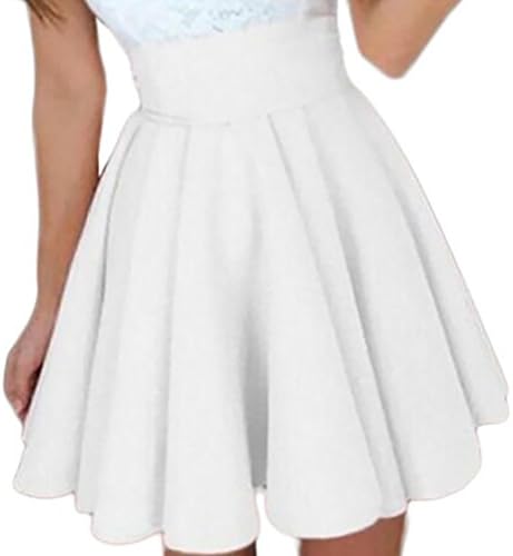 WITION Women's Elastic Waist A Line Flared Skater Pleated Midi Skirt (S, White)