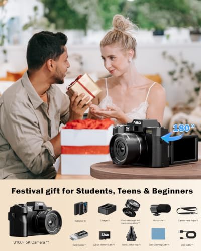 NBD 5K&64MP Digital Camera for Photography with 180°Flip Screen (Black) | 16X Zoom WiFi Vlogging Cameras , Auto Focus, Wide-Angle&Macro Lens, 2 Batteries & 32GB TF Card，Travel Camera for Beginners