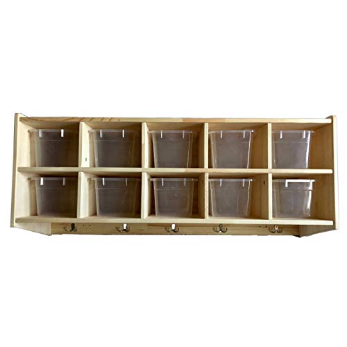 Sleekform Wooden Wall Mounted Hanging Shelf | Includes 10 Bins, 5 Double Coat Hooks | Birch Hardwood Storage Cubby Shelves | Rack for Daycare, Garage, Entryway, Bathroom, Bedroom, Clothes and Shoes