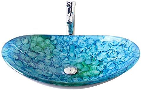 Tophome 彩色上絵洗面ボール 強化ガラス製手洗い器 楕円形 排水金具付き 蛇口セット Vt0699
