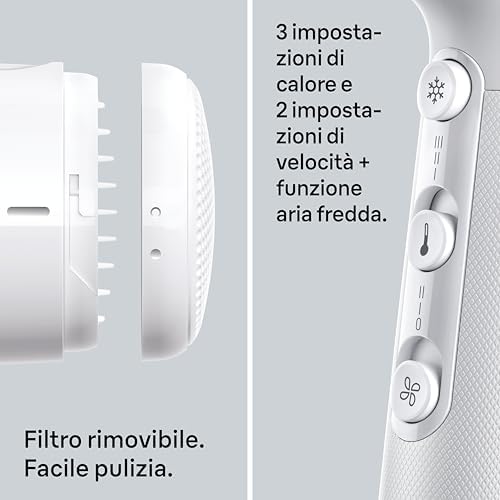 Asciugacapelli Braun HD2.21, potente con diffusore e concentratore, Tecnologia IONTEC, motore da 2200W, 3 temperature e 2 velocità, bianco, BRHD235E